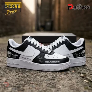 2026 Charli XCX Custom Air Force 1 Sneakers Limited Edition 3 Custom Nike Air Force 1 sneakers in black and white featuring Charli XCX branding, autograph, and music, fashion, film text.!