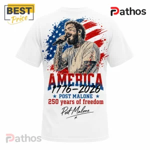 White t-shirt featuring Post Malone singing in front of a red, white, and blue American flag graphic with text America 1776.!