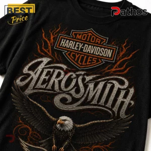 Black cotton t-shirt featuring a Harley-Davidson logo, Aerosmith text, and a bald eagle illustration with orange flames.!