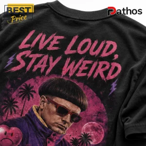 Oliver Tree 1993-2026 Memorial Tribute Black Cotton T-Shirt 1 Black t-shirt featuring Oliver Tree with bowl cut and red sunglasses, pink moon, palm trees, and Live Loud, Stay Weird text.!