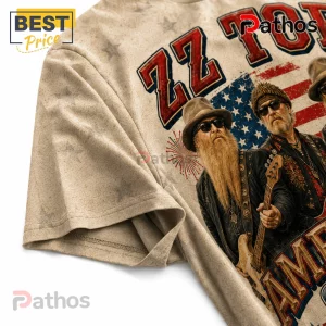 ZZ Top America 250 Honoring Freedom Rock Band Patriotic Shirt 2 ZZ Top band graphic t-shirt featuring band members, an American flag, and star patterns in red, white, and tan colors.!