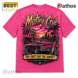 Pink cotton t-shirt featuring Motley Crue Sunset Motel graphic with a convertible car, lipstick, and chains.!