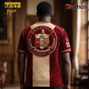 Kappa Alpha Psi fraternity crimson velvet t-shirt with gold embossed crest, Greek lettering, and ornate panel detailing.!