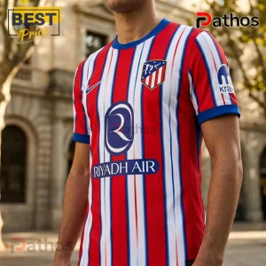 Atletico Madrid style soccer jersey with red, white, and blue vertical stripes, Riyadh Air logo, and Nike swoosh.!