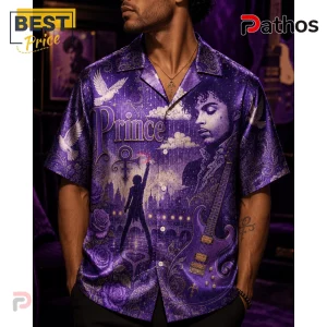 Prince tribute button-down shirt with purple paisley print, singer portrait, electric guitar, doves, and roses.!