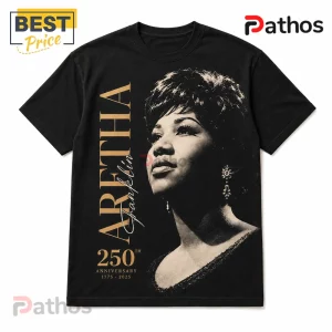 Aretha Franklin 1775-2025 Tribute Queen of Soul Casual T-Shirt 2 Black cotton t-shirt featuring a gold portrait of Aretha Franklin and the text 250th Anniversary 1775-2025.!