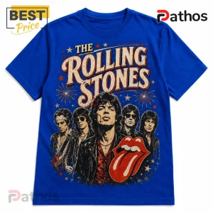 The Rolling Stones Vintage Celebration Illustrated Crewneck T-Shirt 2 Blue cotton t-shirt featuring The Rolling Stones band members illustration, vintage typography, and iconic tongue logo.!