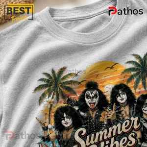Grey cotton crewneck t-shirt featuring a retro sunset graphic of the rock band KISS with palm trees and Summer Vibes text.!