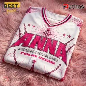 White V-neck baseball jersey with pink ANNA MILLION DOLLAR BABE TOUR 2026 print, star graphics, and chain patterns.!