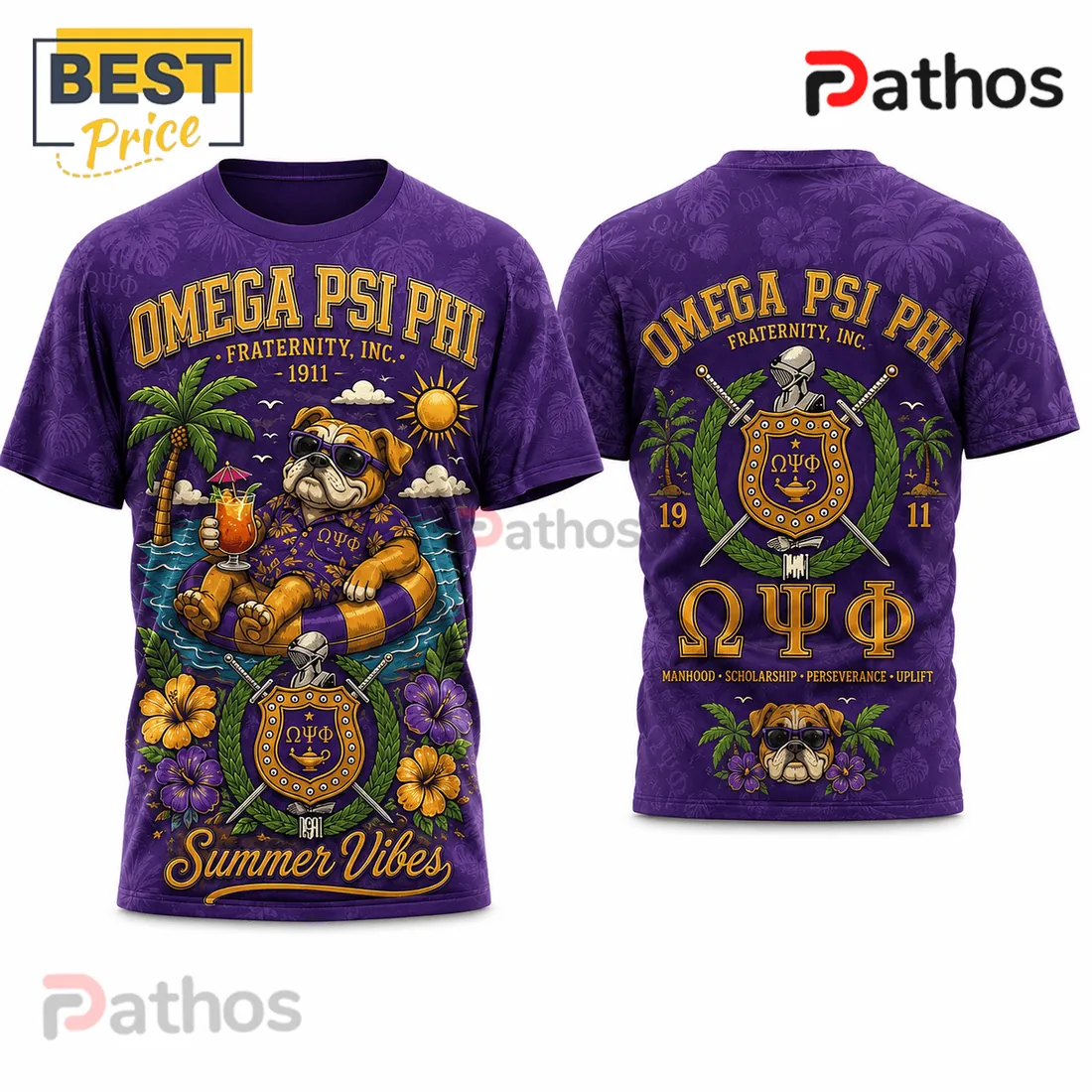 Omega Psi Phi Summer Vibes Fraternity Crest Bulldog T-Shirt Omega Psi Phi Summer Vibes Fraternity Crest Bulldog T-Shirt