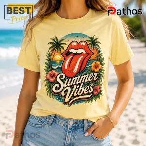 Yellow crewneck t-shirt featuring a red tongue graphic, palm trees, hibiscus flowers, and the text Summer Vibes.!
