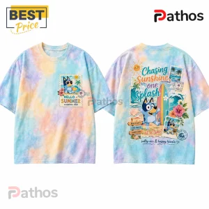 Blue tie-dye t-shirt featuring Bluey cartoon graphics with beach, surfboard, and tropical stamp designs on front and back.!