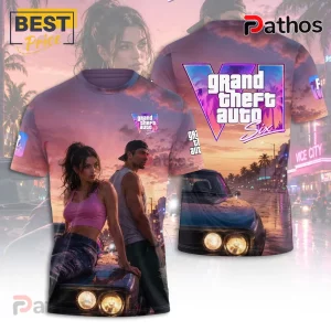 Grand Theft Auto VI sublimation print t-shirt featuring a man and woman on a car against a sunset Vice City background.!
