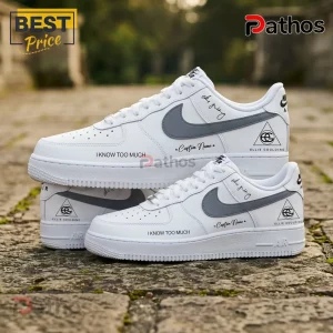 Ellie Goulding I Know Too Much Air Force 1 Sneakers 3 Custom white leather sneakers with grey swooshes, Ellie Goulding logos, and I KNOW TOO MUCH text on a stone background.!