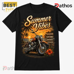 Harley-Davidson Summer Vibes Motorcycle Beach T-Shirt 2 Black cotton t-shirt featuring a motorcycle graphic, sunset beach background, and text reading Summer Vibes and road signs.!