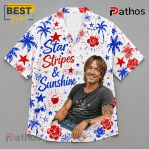 White short-sleeve button-down shirt featuring Keith Urban photo, red and blue stars, palm trees, and hibiscus patterns.!