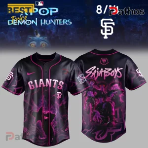 San Francisco Giants K-pop style baseball jersey in black with pink accents featuring SajaBoys graphic on the back.!