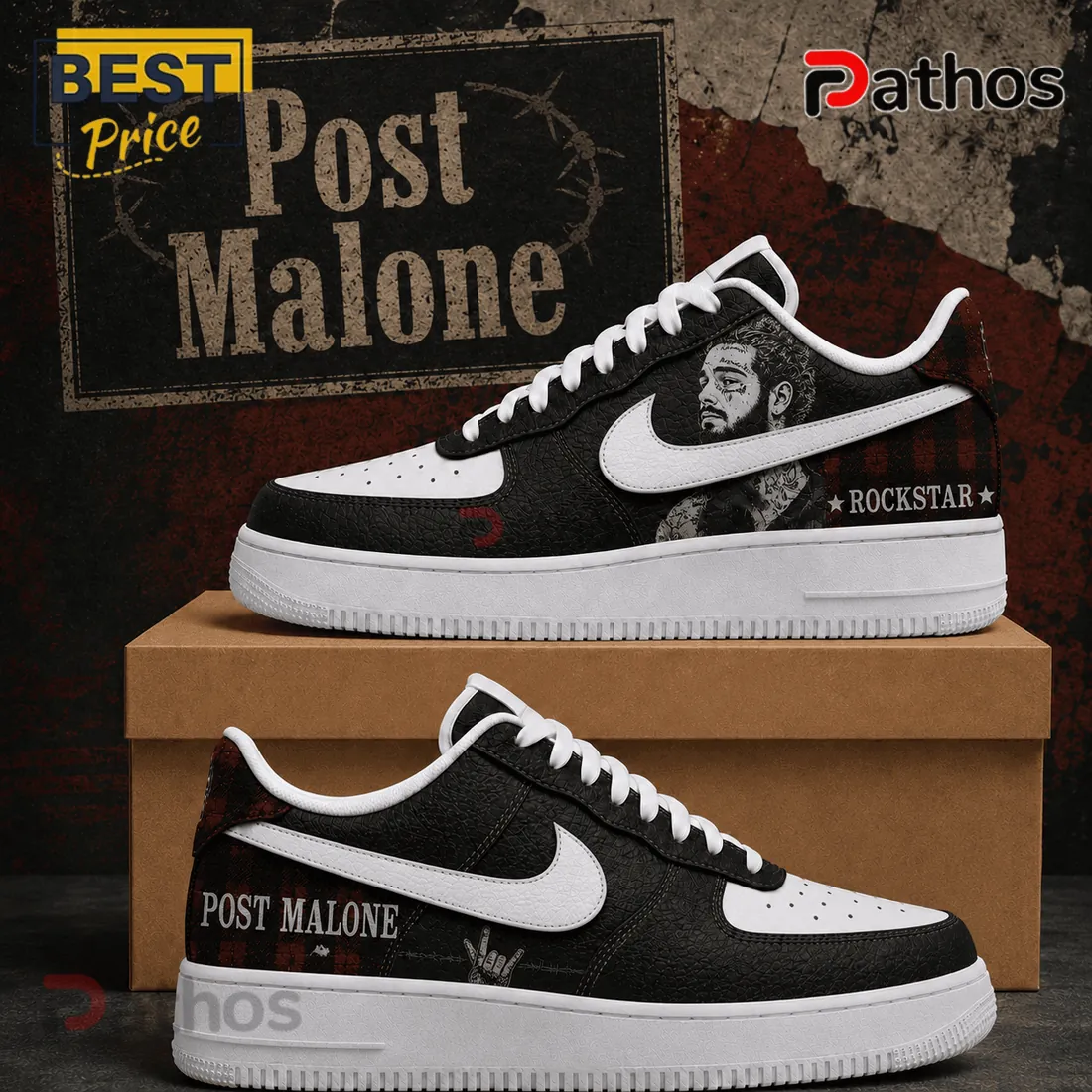 Post Malone Black Plaid Rockstar Edition Air Force 1 Sneakers Post Malone Black Plaid Rockstar Edition Air Force 1 Sneakers