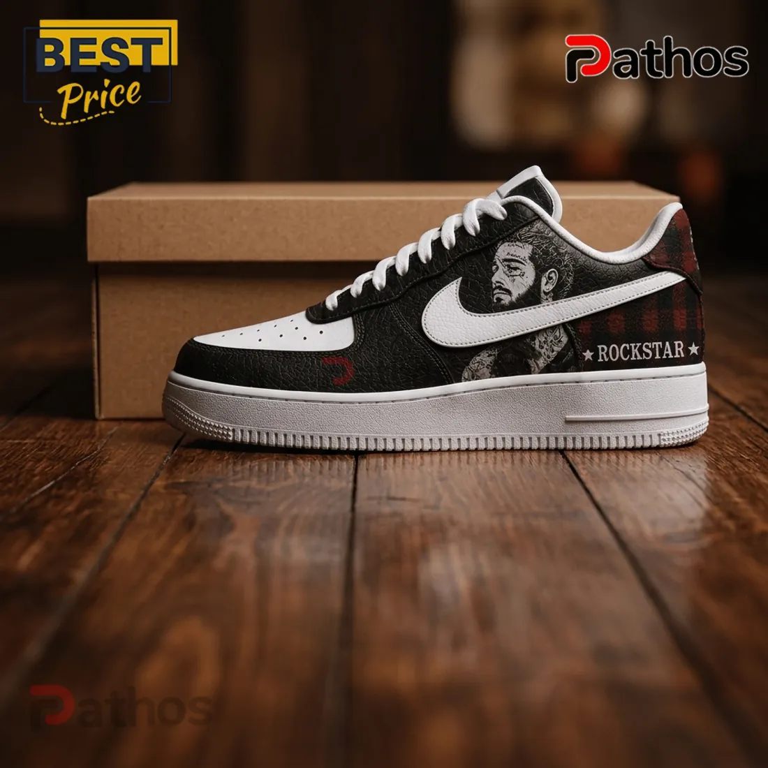 Post Malone Black Plaid Rockstar Edition Air Force 1 Sneakers Post Malone Black Plaid Rockstar Edition Air Force 1 Sneakers