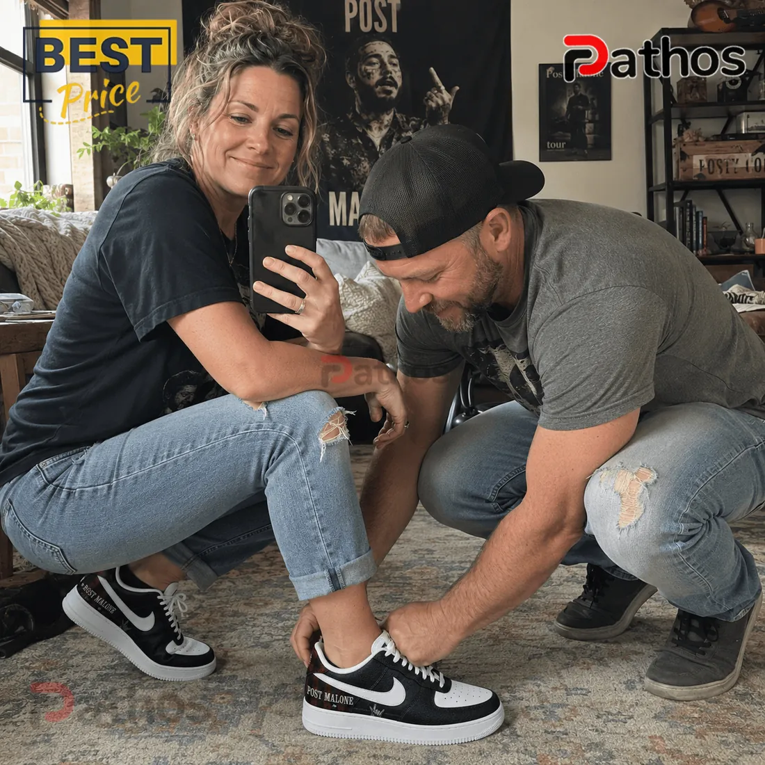Post Malone Black Plaid Rockstar Edition Air Force 1 Sneakers Post Malone Black Plaid Rockstar Edition Air Force 1 Sneakers