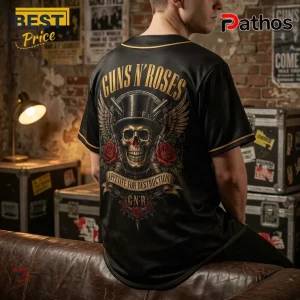 Black baseball jersey featuring a Guns N' Roses Appetite for Destruction skull graphic with top hat and roses on the back.!