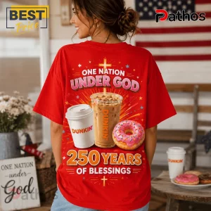 Red graphic t-shirt featuring Dunkin coffee, a frosted donut, cross icon, and text reading One Nation Under God.!