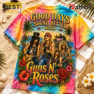 Guns N Roses ood Days Summer Tie Dye T-Shirt 2 Tie-dye t-shirt featuring a Guns N' Roses beach concert graphic with Slash and Axl Rose, surrounded by palms and hibiscus.!