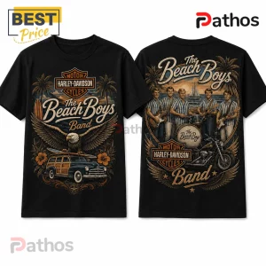 Black t-shirt featuring Beach Boys and Harley-Davidson graphics with a bald eagle, woody wagon, and vintage band members.!