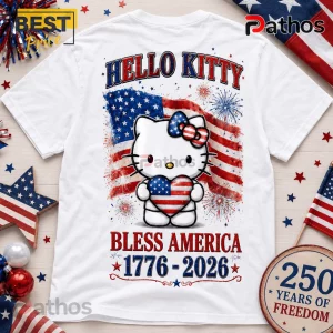 Hello Kitty America 1776-2026 Bless America Independence Day Patriotic Shirt 2 White t-shirt featuring Hello Kitty with an American flag, holding a flag heart, with Bless America 1776-2026 text.!