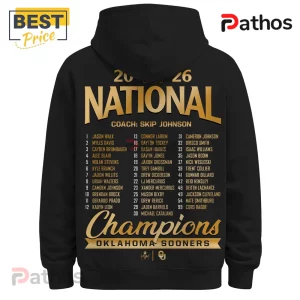 Oklahoma Sooners 2026 National Champions Black Hoodie 3 Black hooded sweatshirt with gold Oklahoma Sooners 2026 National Champions text and team roster printed on the back.!