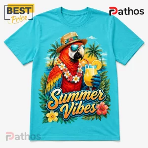 Cyan t-shirt featuring a parrot wearing a straw hat and sunglasses holding a tropical cocktail with Summer Vibes text.!