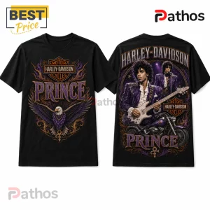 Black cotton t-shirt featuring Prince playing guitar on a Harley-Davidson motorcycle with purple flames and eagle graphic.!
