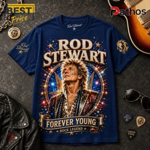 Rod Stewart Forever Young Navy Blue Cotton T-Shirt 1 Navy blue Rod Stewart graphic t-shirt featuring a portrait, stars, and Forever Young text against a dark textured surface.!