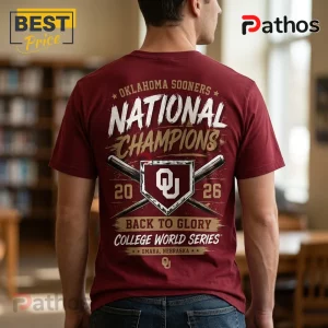 Oklahoma Sooners 2026 National Champions Maroon T-Shirt 4 Maroon cotton t-shirt with Oklahoma Sooners National Champions 2026 graphic on back, featuring baseball bats and home plate.!