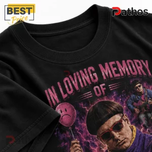 Oliver Tree 1993-2026 Memorial Tribute Black Cotton T-Shirt 2 Black t-shirt featuring graphic art of Oliver Tree, pink distressed text reading In Loving Memory Of, and a sad balloon.!