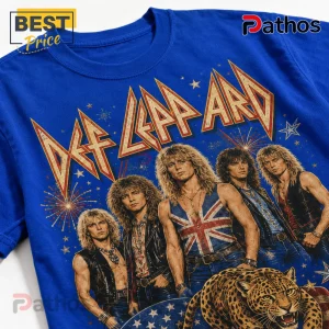 Def Leppard Vintage Rock Band Patriotic Crewneck T-Shirt 5 Def Leppard graphic t-shirt in royal blue cotton featuring the band members, fireworks, stars, and a leopard illustration.!