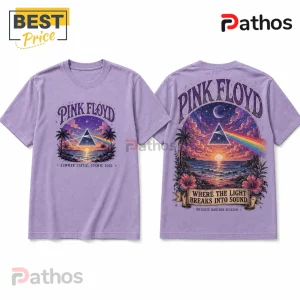 Light purple Pink Floyd graphic t-shirt with prism, sunset, palm trees, and text Where the light breaks into sound.!