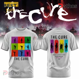 Grey cotton t-shirt featuring The Cure band members in silhouette graphics and 1989 tour text on front and back panels.!