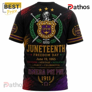 Omega Psi Phi Fraternity Juneteenth 1911 Legacy Black Shirt 4 Omega Psi Phi Juneteenth black t-shirt with knight helmet, shield, and crossed swords crest in gold, purple, and green print.!