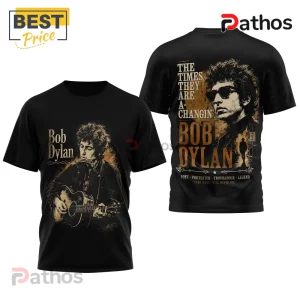 Premium Bob Dylan The Times They Are A-Changin Shirt 3 Black cotton t-shirt featuring Bob Dylan playing guitar and harmonica on front and song title on back with gold graphics.!