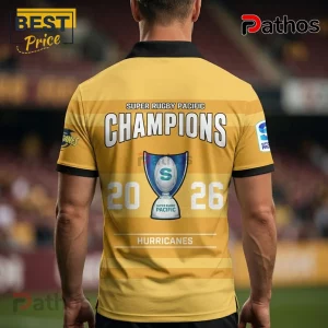 Back view of yellow rugby polo with text Super Rugby Pacific Champions 2026 and a trophy graphic featuring Hurricanes logo.!
