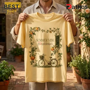 Pastel yellow cotton t-shirt featuring a botanical illustration of a bicycle, fruit vines, and the text Summer Vibe.!