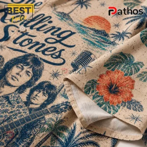 The Rolling Stones button-up shirt with beige fabric, vintage blue tropical prints, sunset, hibiscus, and band members.!