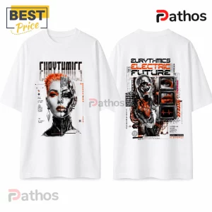 Eurythmics Electric Future Cyberpunk Limited Edition Shirt 2 White graphic t-shirt with Eurythmics Electric Future design featuring android face and circuit board art on front and back.!