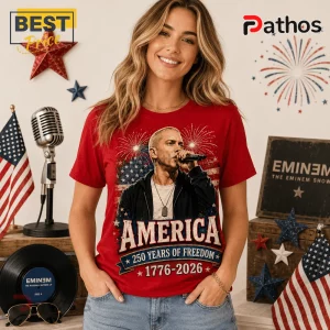 Red cotton crewneck t-shirt featuring a graphic of Eminem, American flag background, and America 250 Years of Freedom text.!