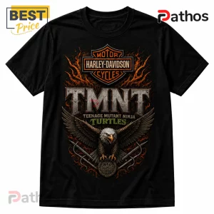 Black cotton t-shirt featuring a Harley-Davidson logo, TMNT text, eagle graphic, and two sai weapons over a sewer cover.!