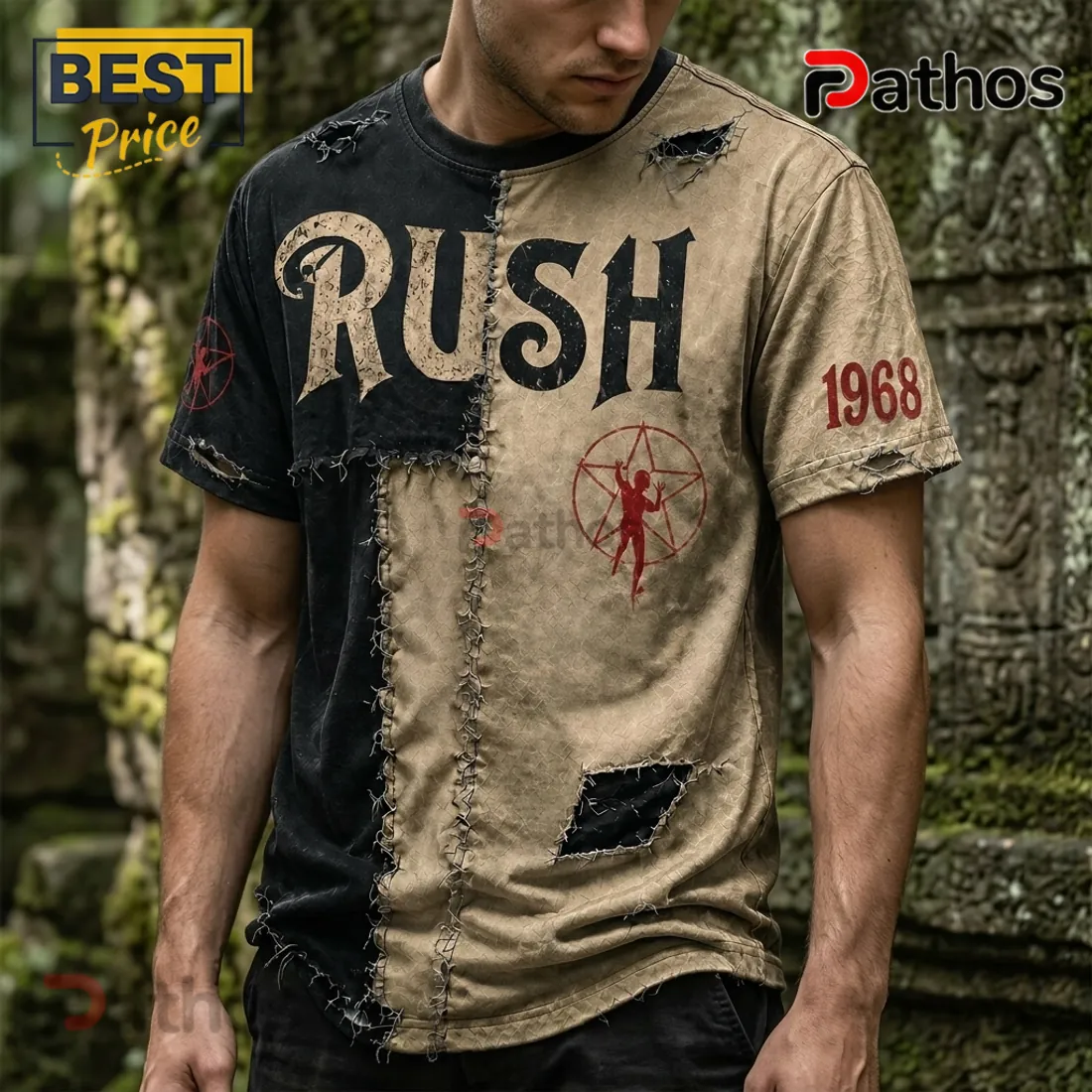 Rush Rock Band 1968 Starman Distressed Patchwork T-Shirt Rush Rock Band 1968 Starman Distressed Patchwork T-Shirt