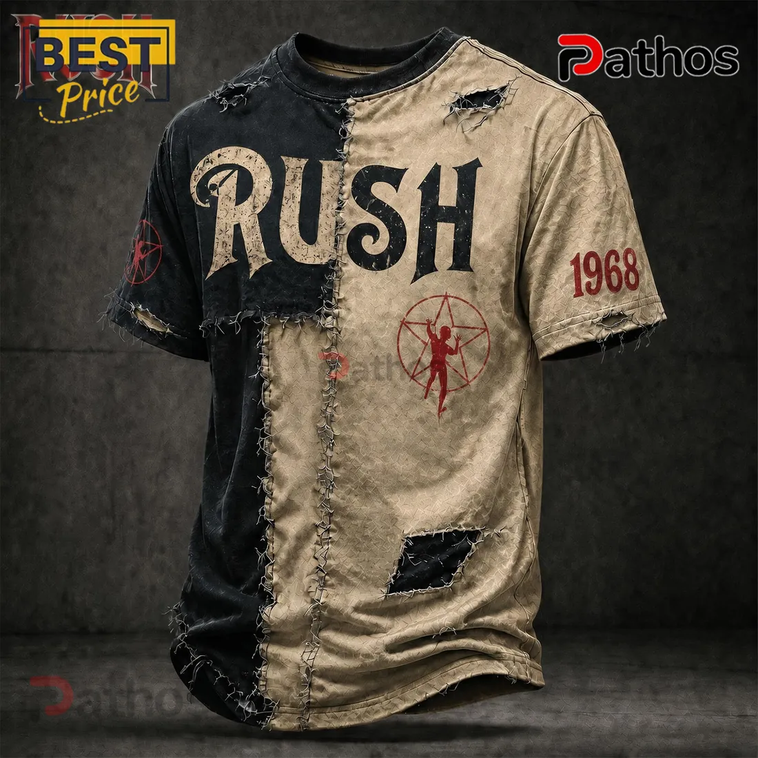 Rush Rock Band 1968 Starman Distressed Patchwork T-Shirt Rush Rock Band 1968 Starman Distressed Patchwork T-Shirt
