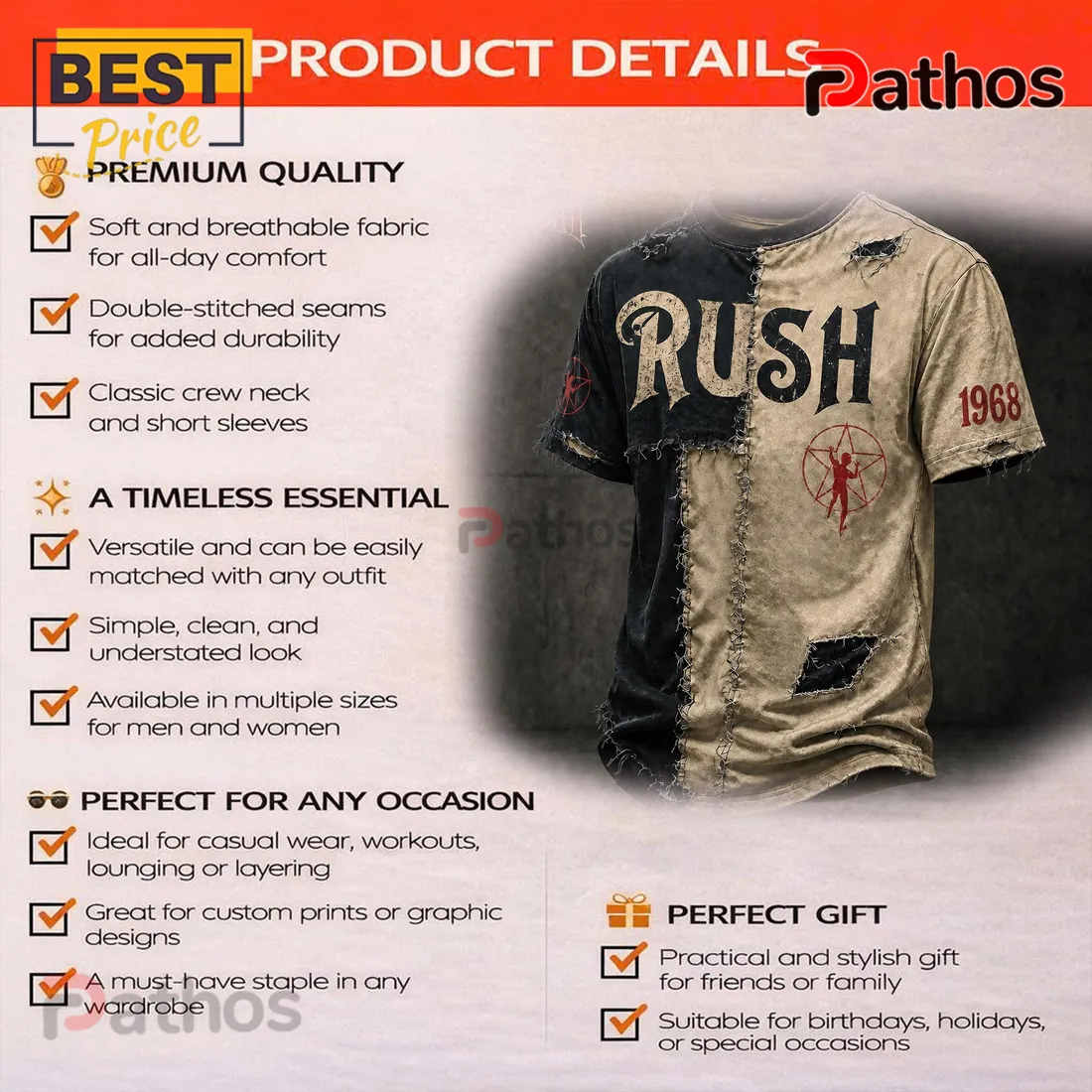 Rush Rock Band 1968 Starman Distressed Patchwork T-Shirt Rush Rock Band 1968 Starman Distressed Patchwork T-Shirt