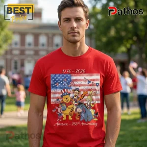 Winnie the Pooh Patriotic America 250th Anniversary Shirt 1 Red cotton crew neck t-shirt featuring Winnie the Pooh characters, American flag, and text 1776-2026 America 250th Anniversary.!